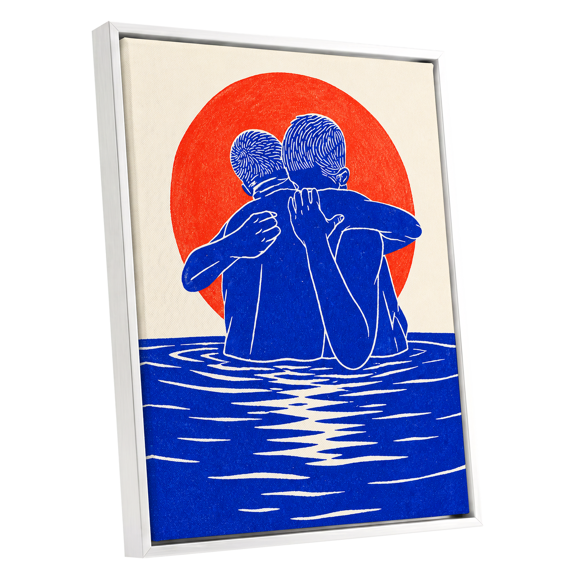 Embrace in Blue, blue, red, beige minimalist wall art shown as a white framed canvas wall art