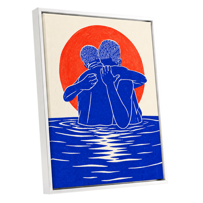 Embrace in Blue, blue, red, beige minimalist wall art shown as a white framed canvas wall art