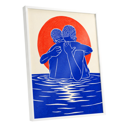 Embrace in Blue, blue, red, beige minimalist wall art shown as a white framed poster wall art print