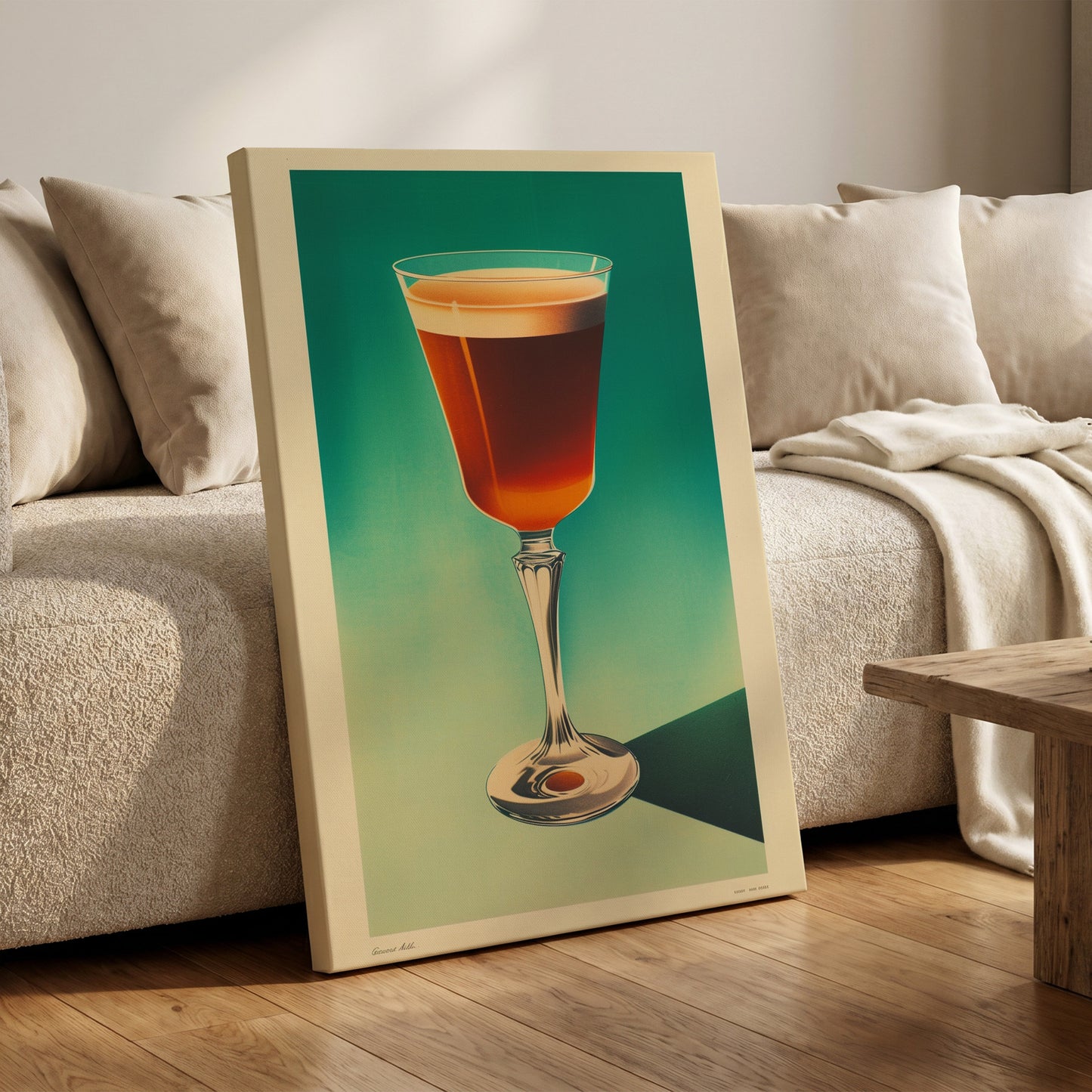 Emerald Afterglow, green, brown, beige minimalist wall art on canvas displayed in a styled interior, gallery view 1