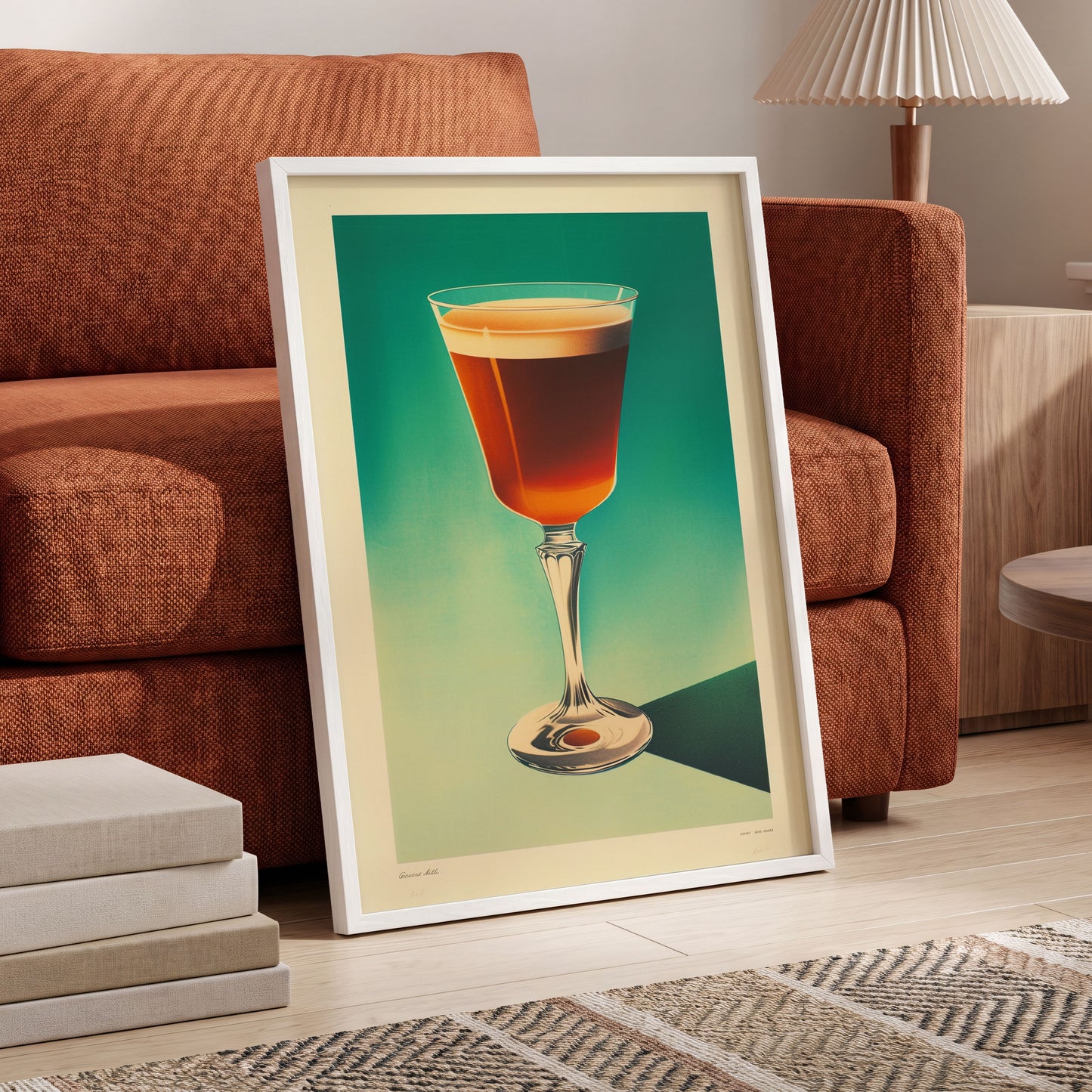 Emerald Afterglow, green, brown, beige minimalist wall art displayed in a styled interior, gallery view 6