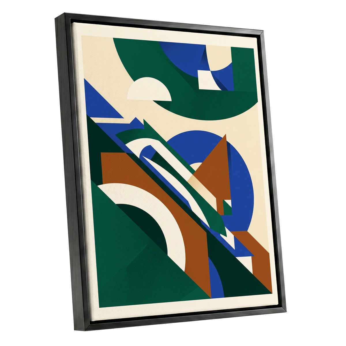 Emerald Arc Assembly, green, beige, blue abstract wall art shown as a black framed canvas wall art