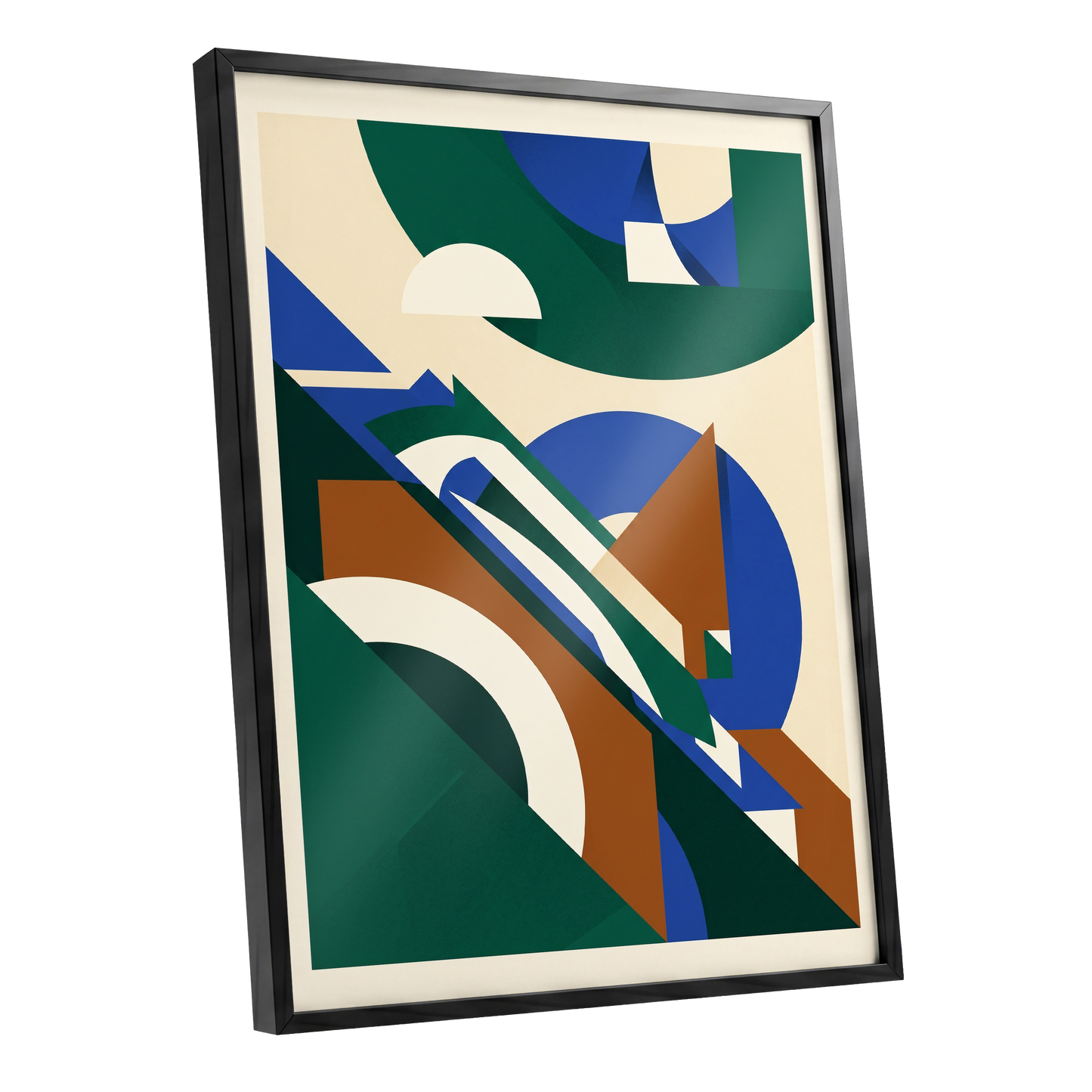 Emerald Arc Assembly, green, beige, blue abstract wall art shown as a black framed poster wall art print