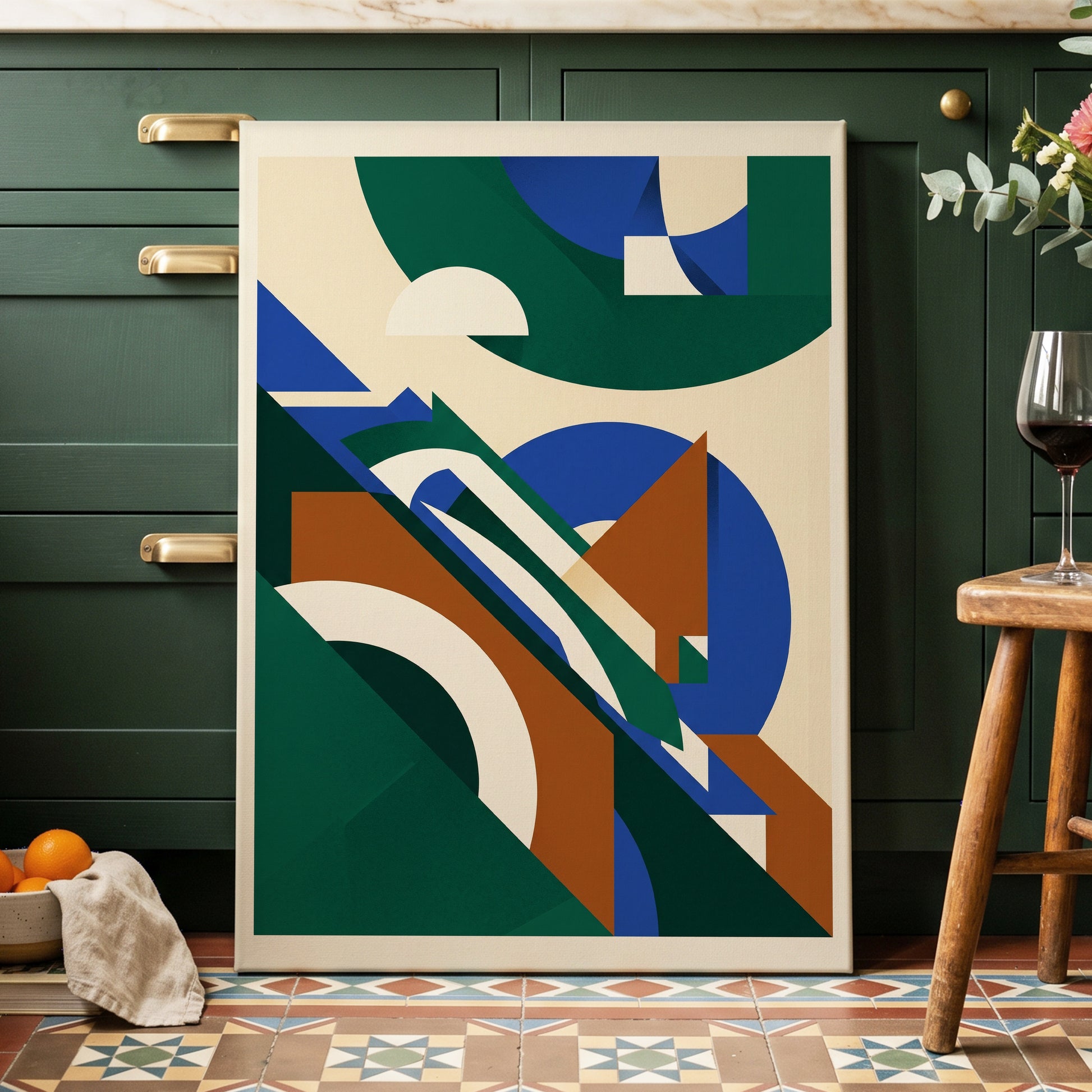Emerald Arc Assembly, green, beige, blue abstract wall art on canvas displayed in a styled interior, gallery view 1