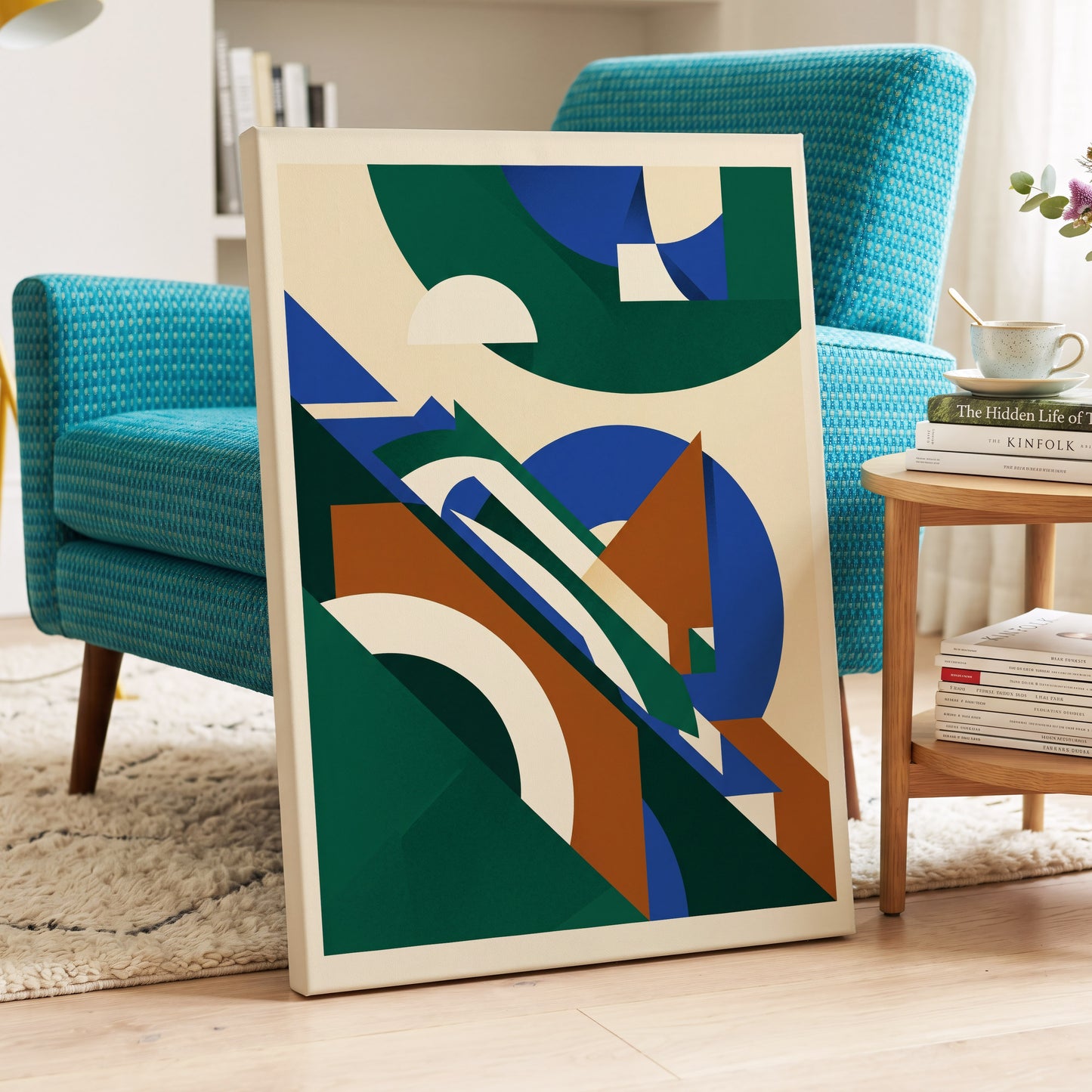 Emerald Arc Assembly, green, beige, blue abstract wall art on canvas displayed in a styled interior, gallery view 2
