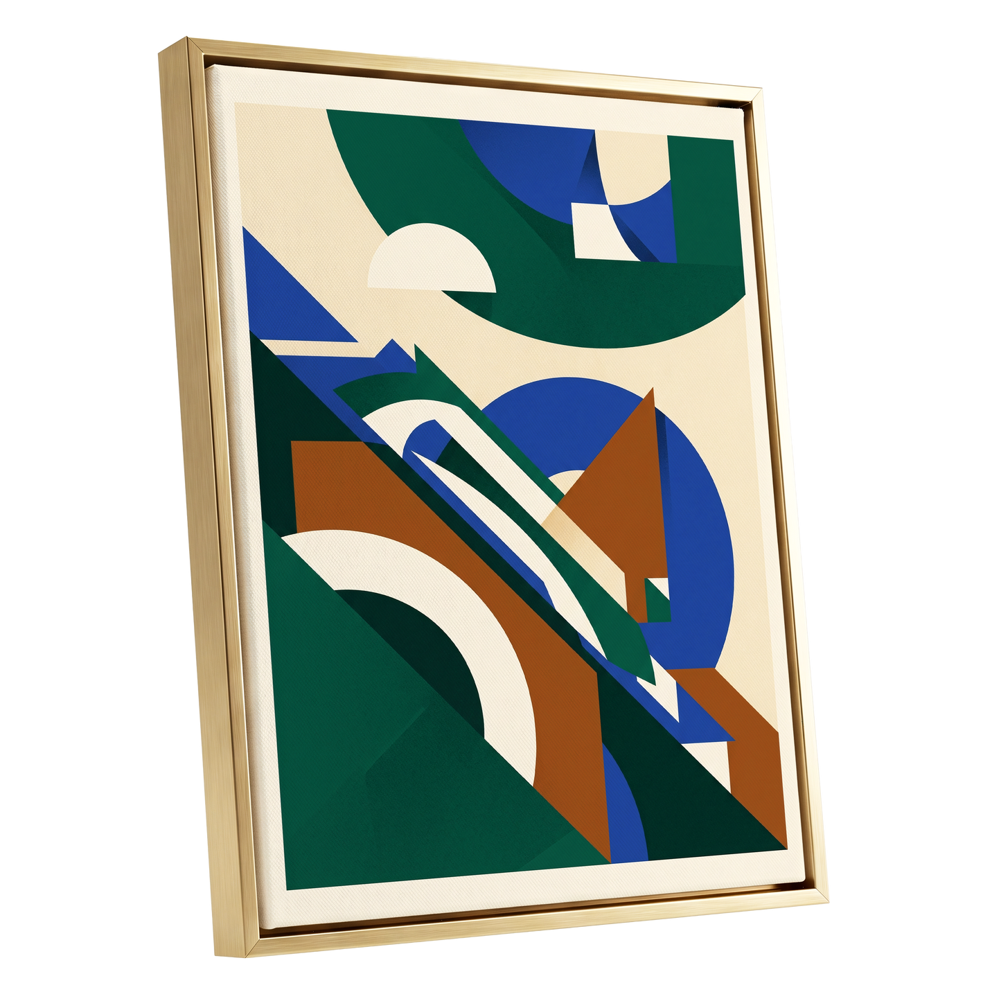 Emerald Arc Assembly, green, beige, blue abstract wall art shown as a gold framed canvas wall art