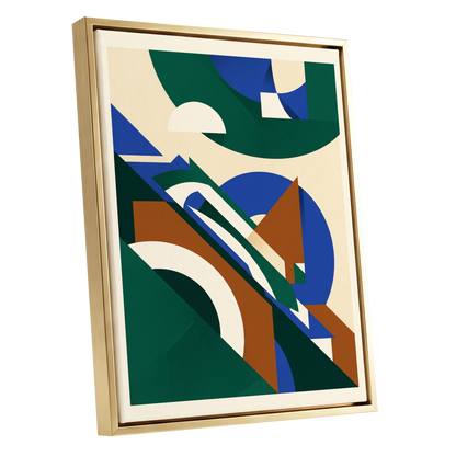 Emerald Arc Assembly, green, beige, blue abstract wall art shown as a gold framed canvas wall art
