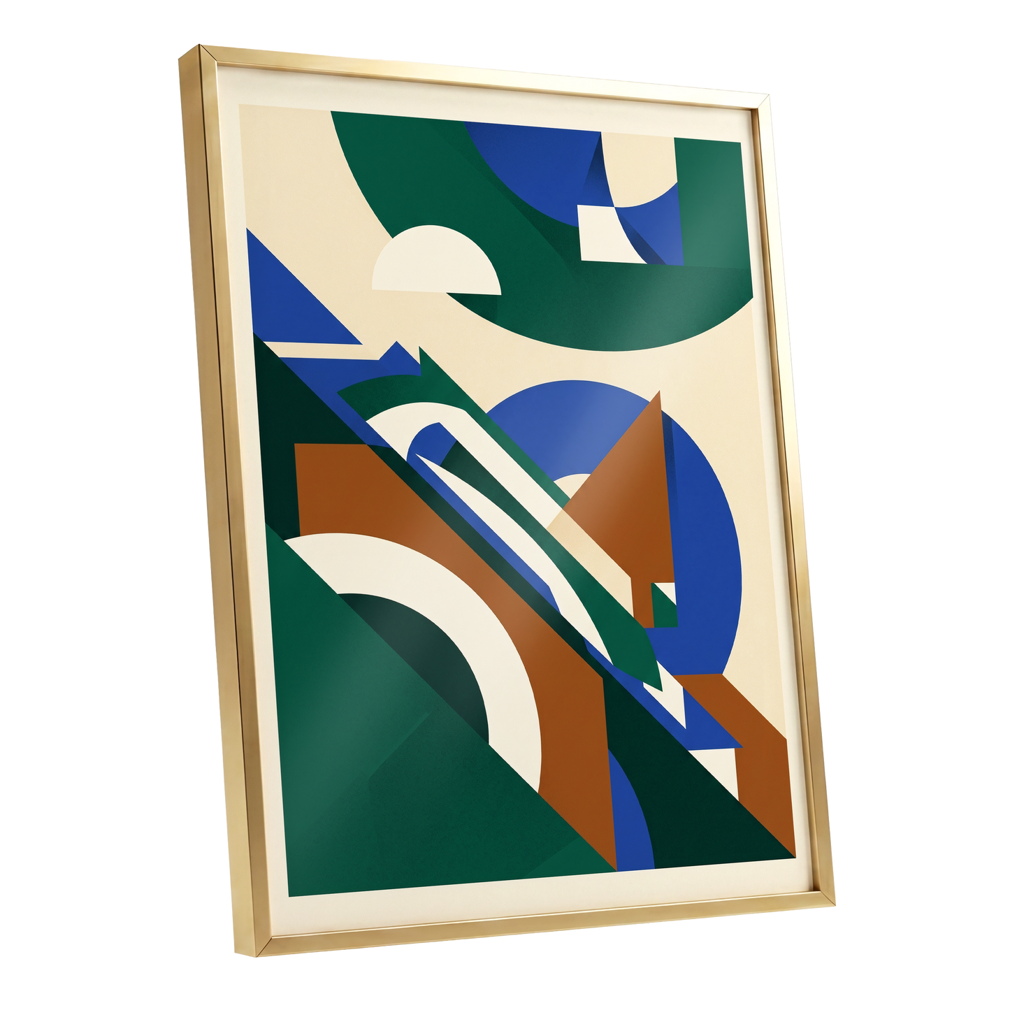 Emerald Arc Assembly, green, beige, blue abstract wall art shown as a gold framed poster wall art print