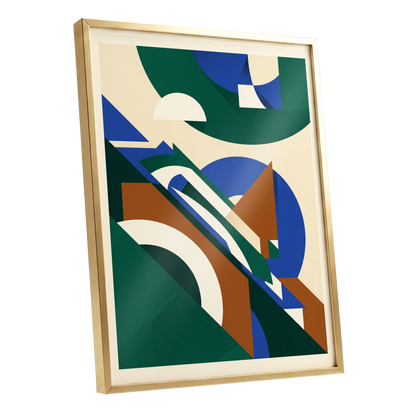 Emerald Arc Assembly, green, beige, blue abstract wall art shown as a gold framed poster wall art print