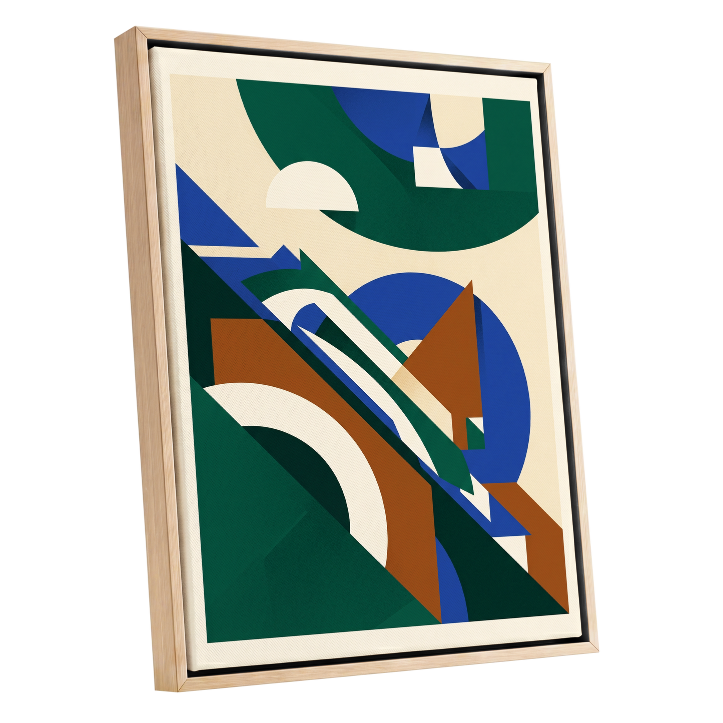 Emerald Arc Assembly, green, beige, blue abstract wall art shown as a oak framed canvas wall art