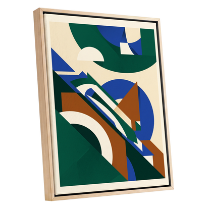 Emerald Arc Assembly, green, beige, blue abstract wall art shown as a oak framed canvas wall art