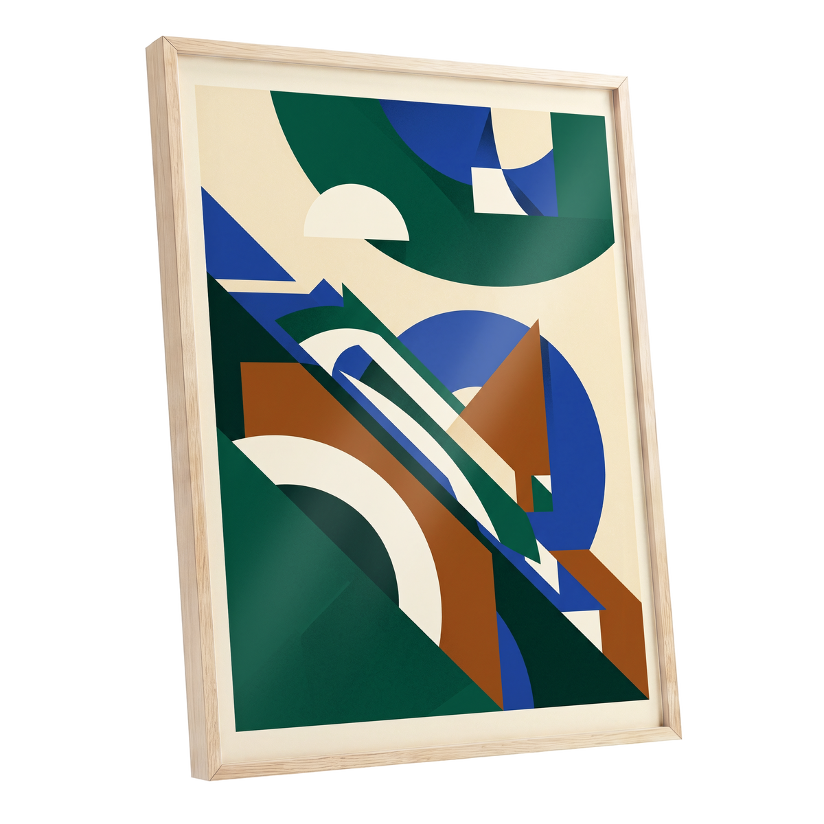 Emerald Arc Assembly, green, beige, blue abstract wall art shown as a oak framed poster wall art print