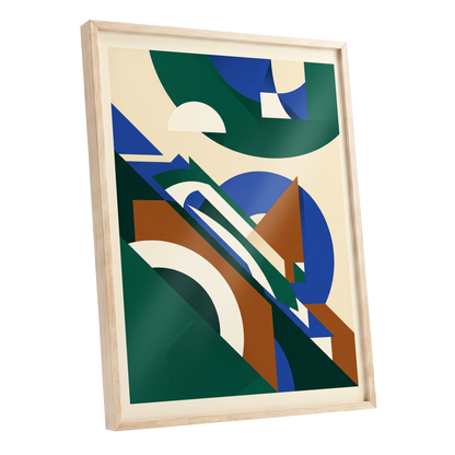 Emerald Arc Assembly, green, beige, blue abstract wall art shown as a oak framed poster wall art print