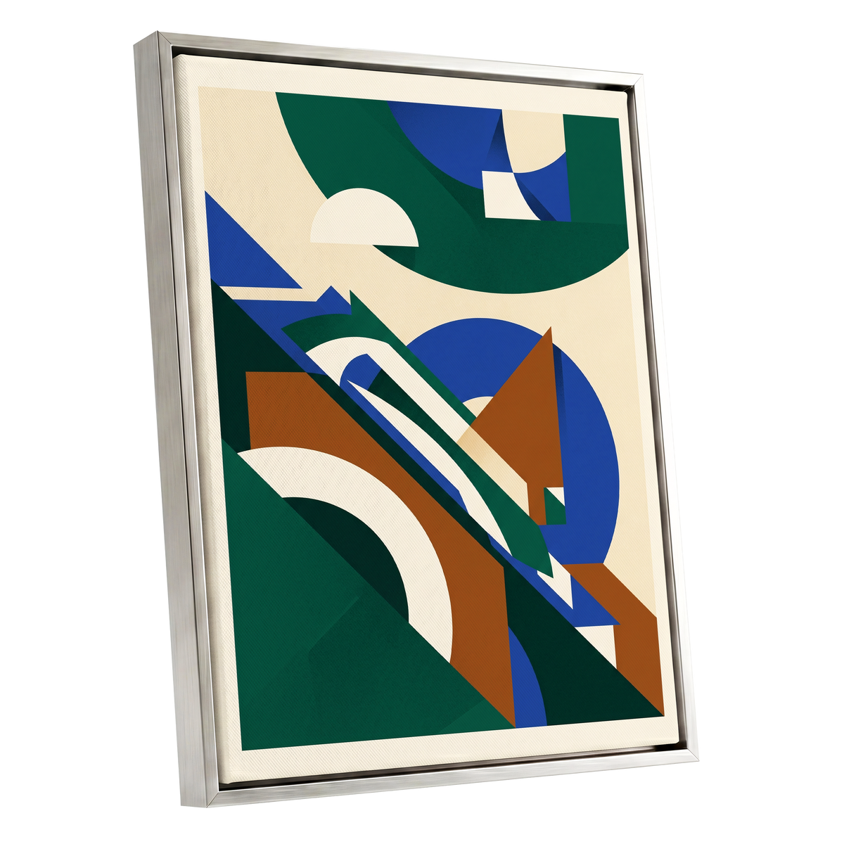 Emerald Arc Assembly, green, beige, blue abstract wall art shown as a silver framed canvas wall art