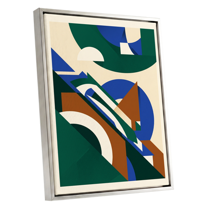 Emerald Arc Assembly, green, beige, blue abstract wall art shown as a silver framed canvas wall art