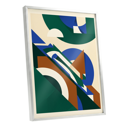 Emerald Arc Assembly, green, beige, blue abstract wall art shown as a silver framed poster wall art print