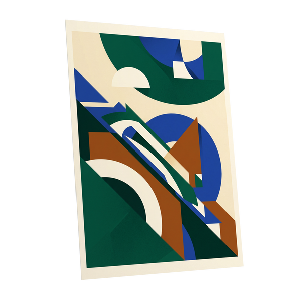 Emerald Arc Assembly, green, beige, blue abstract wall art shown as a unframed poster wall art print