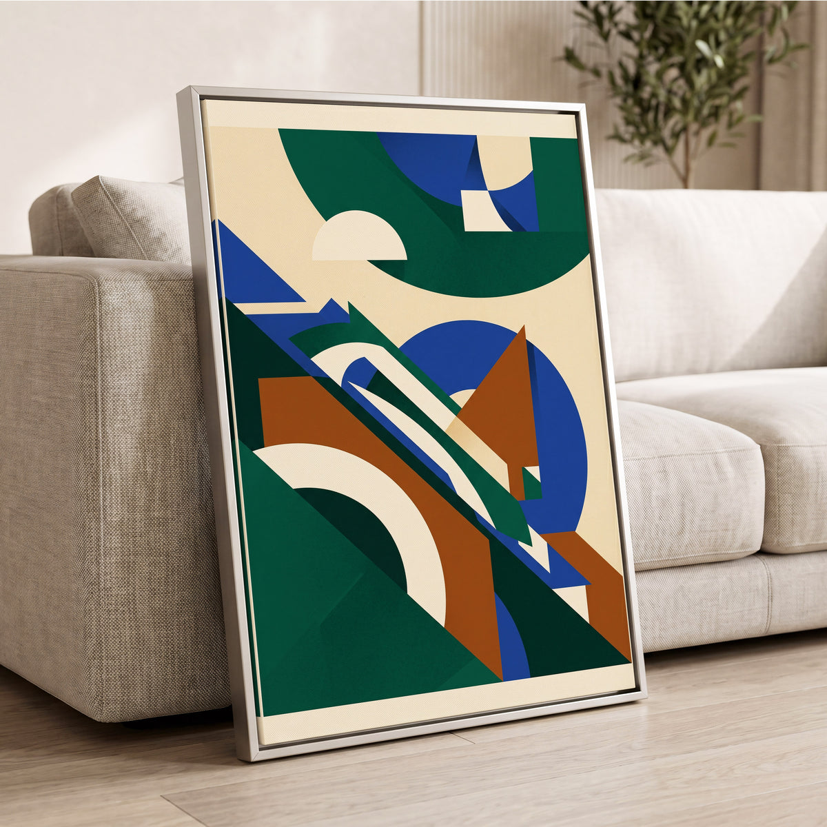Emerald Arc Assembly, green, beige, blue abstract wall art displayed in a styled interior, gallery view 1