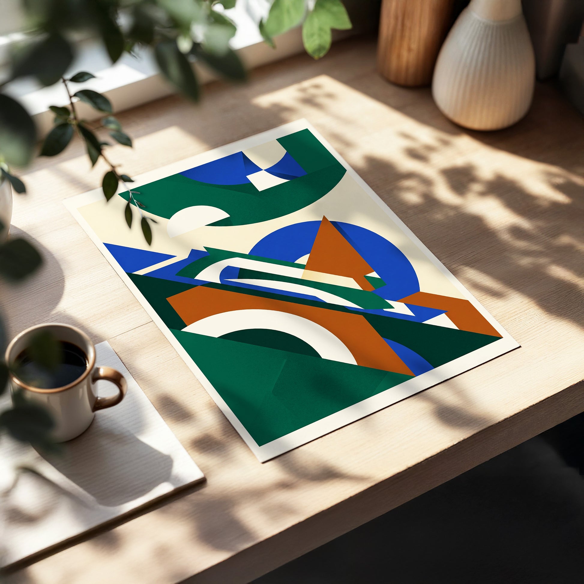 Emerald Arc Assembly, green, beige, blue abstract wall art displayed in a styled interior, gallery view 2