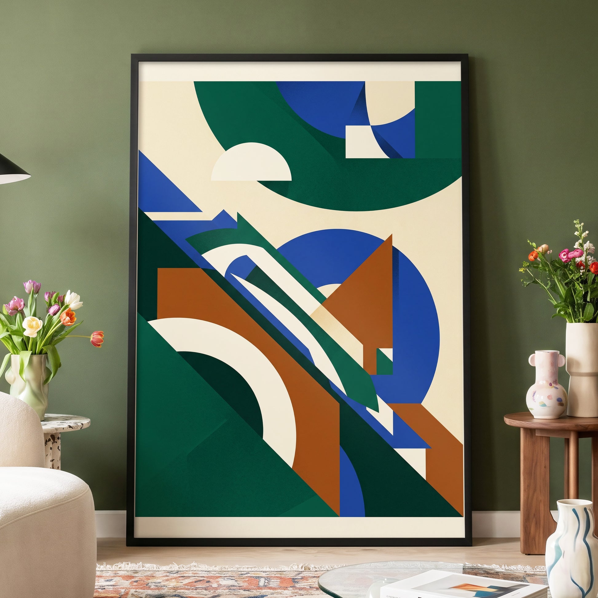 Emerald Arc Assembly, green, beige, blue abstract wall art displayed in a styled interior, gallery view 3