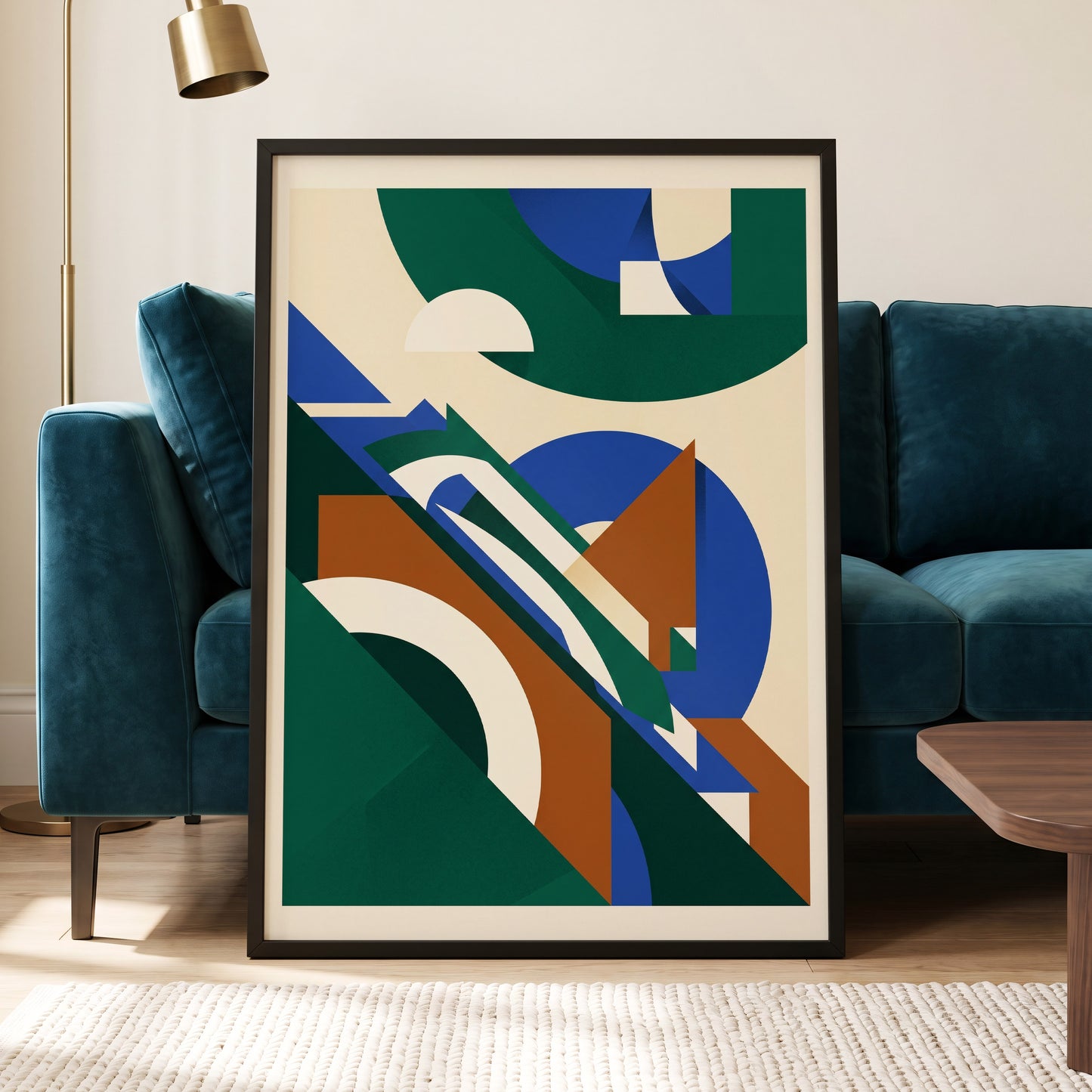 Emerald Arc Assembly, green, beige, blue abstract wall art displayed in a styled interior, gallery view 5