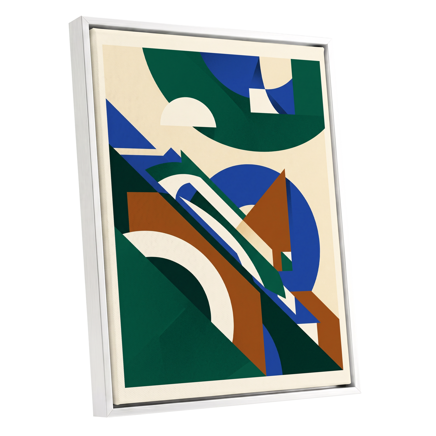 Emerald Arc Assembly, green, beige, blue abstract wall art shown as a white framed canvas wall art