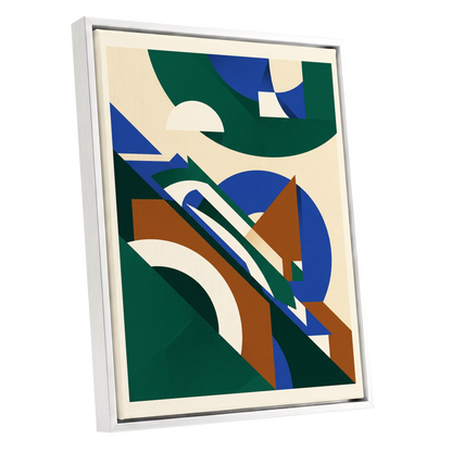 Emerald Arc Assembly, green, beige, blue abstract wall art shown as a white framed canvas wall art