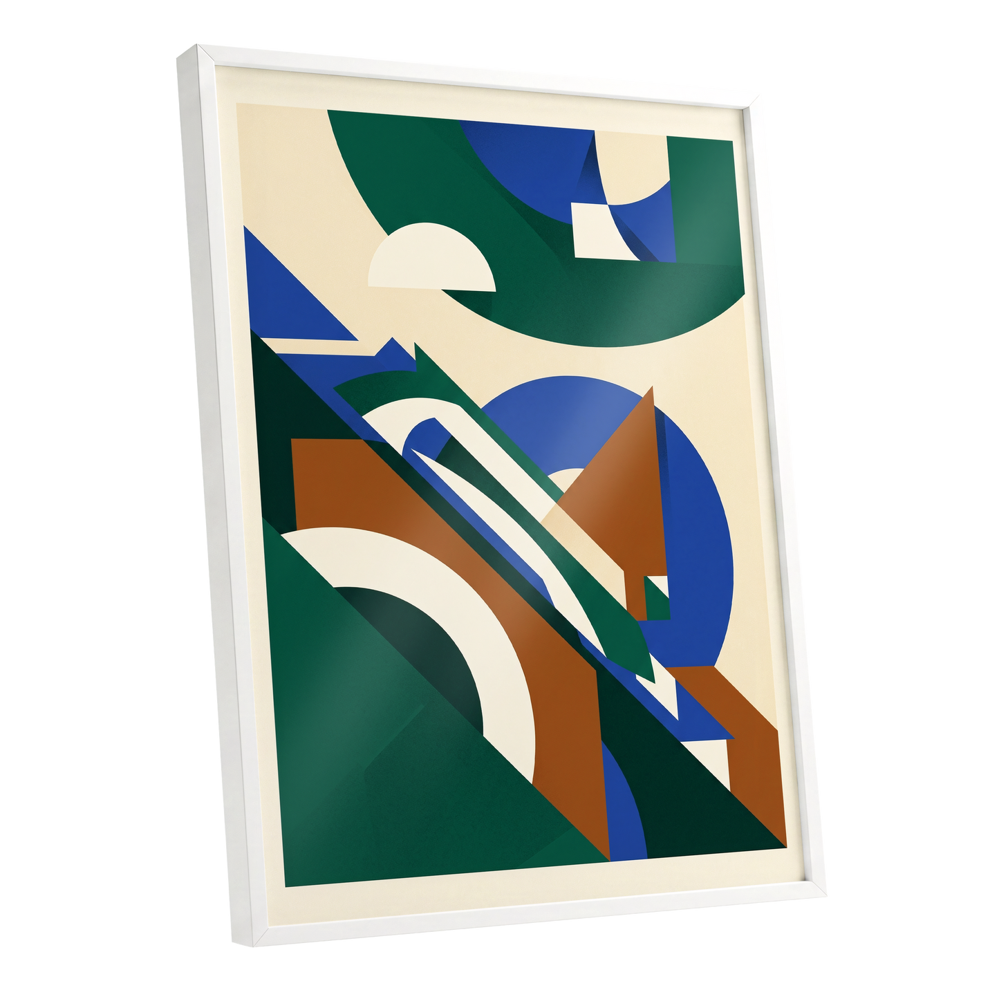 Emerald Arc Assembly, green, beige, blue abstract wall art shown as a white framed poster wall art print