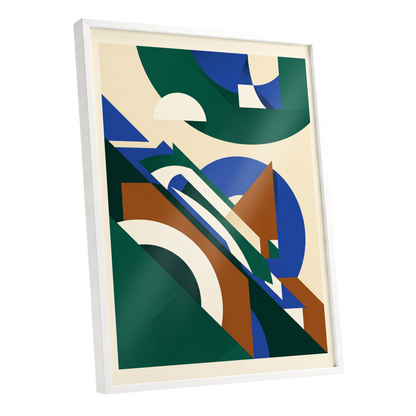 Emerald Arc Assembly, green, beige, blue abstract wall art shown as a white framed poster wall art print
