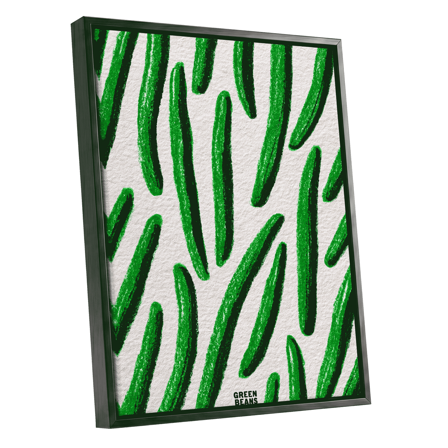 Emerald Bean Rhythm, green, beige, white nature wall art shown as a black framed canvas wall art