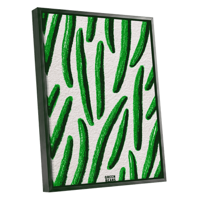 Emerald Bean Rhythm, green, beige, white nature wall art shown as a black framed canvas wall art