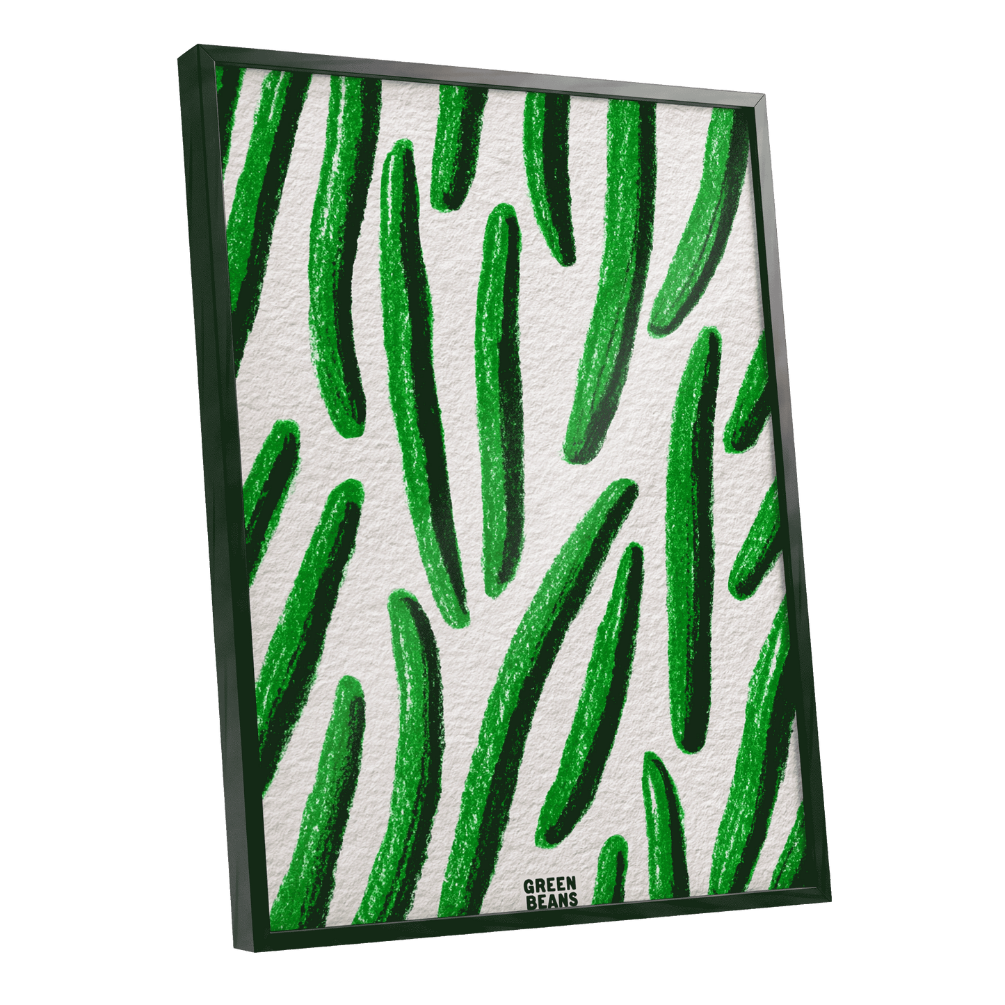 Emerald Bean Rhythm, green, beige, white nature wall art shown as a black framed poster wall art print