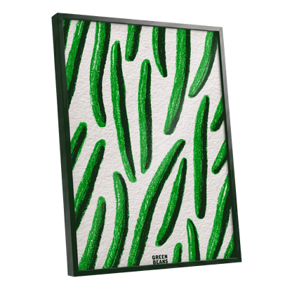 Emerald Bean Rhythm, green, beige, white nature wall art shown as a black framed poster wall art print