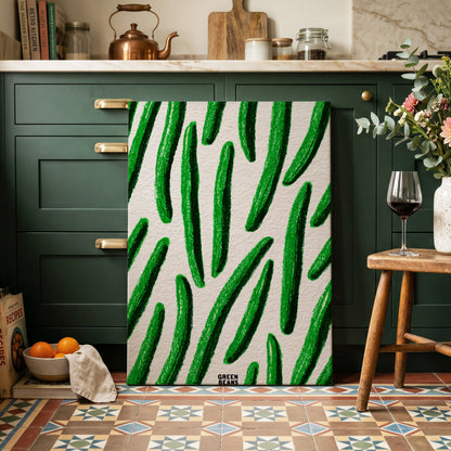 Emerald Bean Rhythm, green, beige, white nature wall art on canvas displayed in a styled interior, gallery view 1