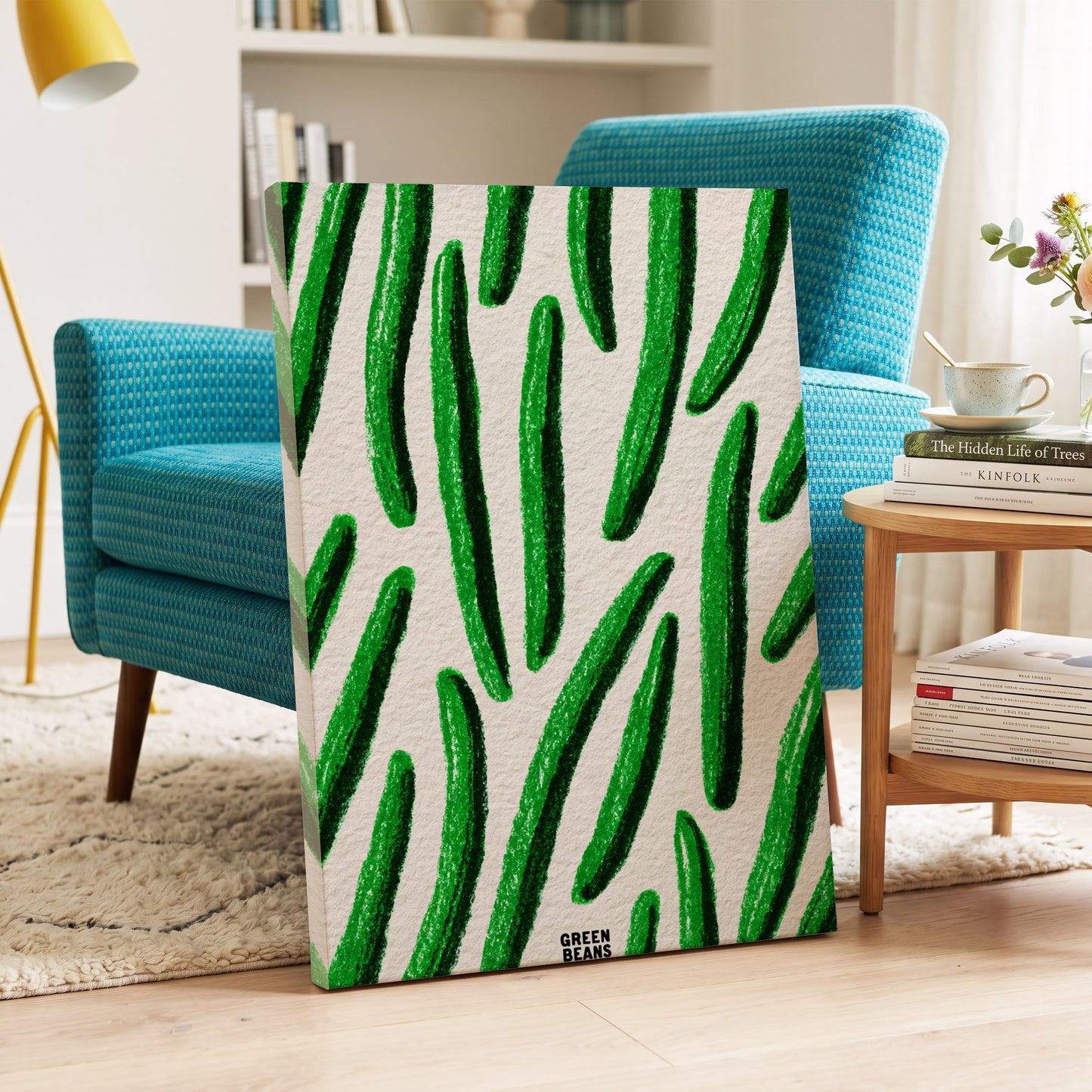 Emerald Bean Rhythm, green, beige, white nature wall art on canvas displayed in a styled interior, gallery view 2