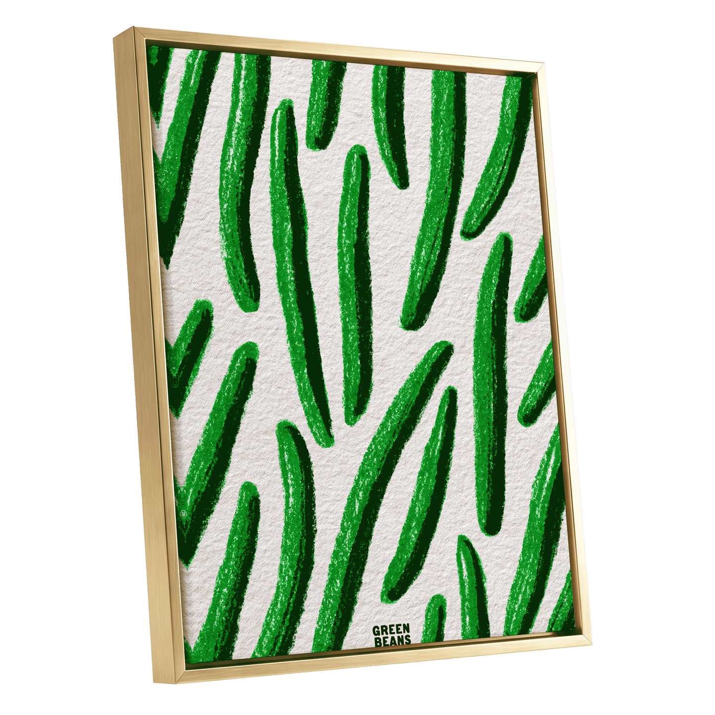 Emerald Bean Rhythm, green, beige, white nature wall art shown as a gold framed canvas wall art
