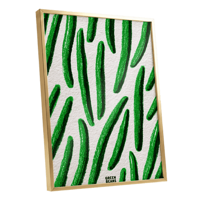 Emerald Bean Rhythm, green, beige, white nature wall art shown as a gold framed poster wall art print