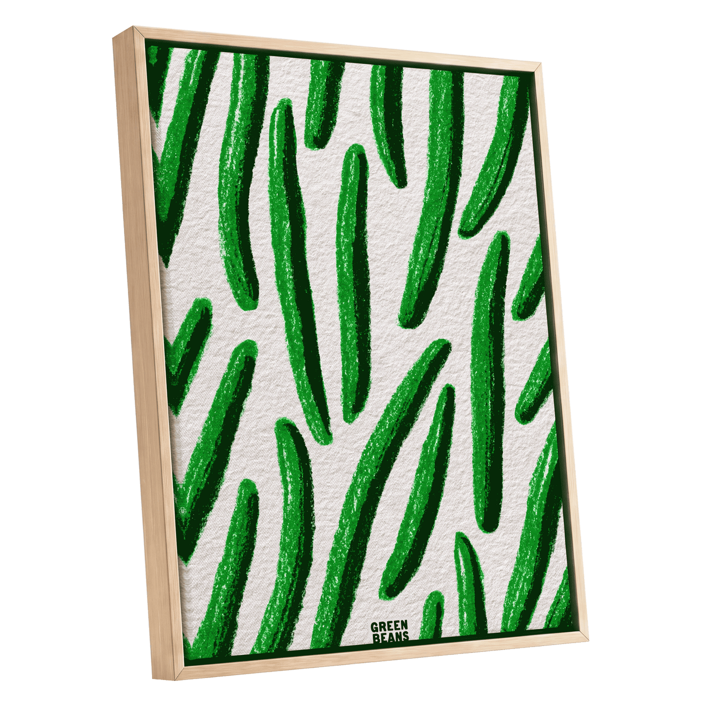 Emerald Bean Rhythm, green, beige, white nature wall art shown as a oak framed canvas wall art