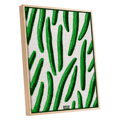 Emerald Bean Rhythm, green, beige, white nature wall art shown as a oak framed canvas wall art