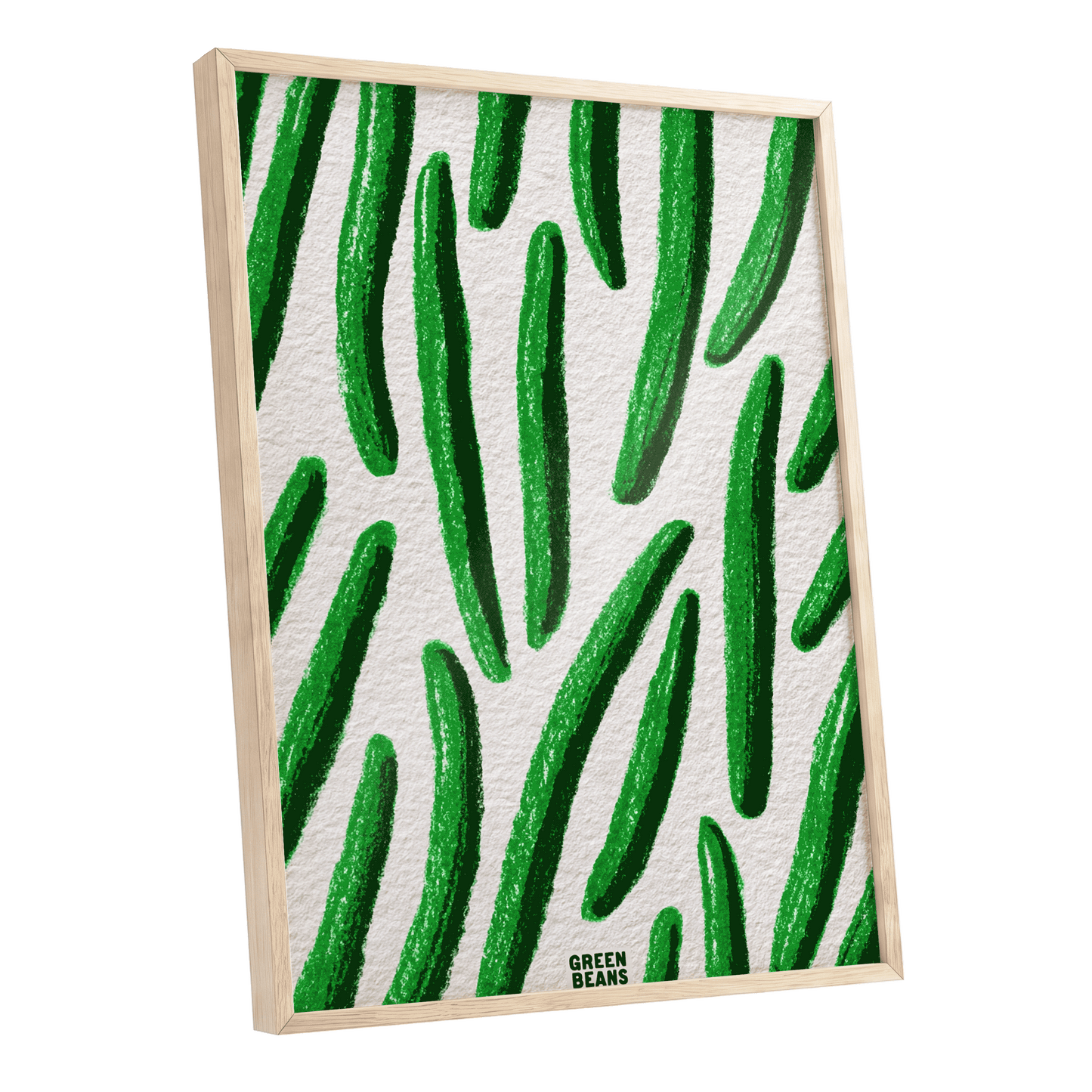 Emerald Bean Rhythm, green, beige, white nature wall art shown as a oak framed poster wall art print