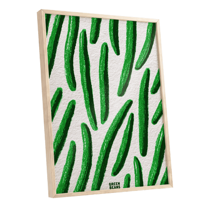 Emerald Bean Rhythm, green, beige, white nature wall art shown as a oak framed poster wall art print