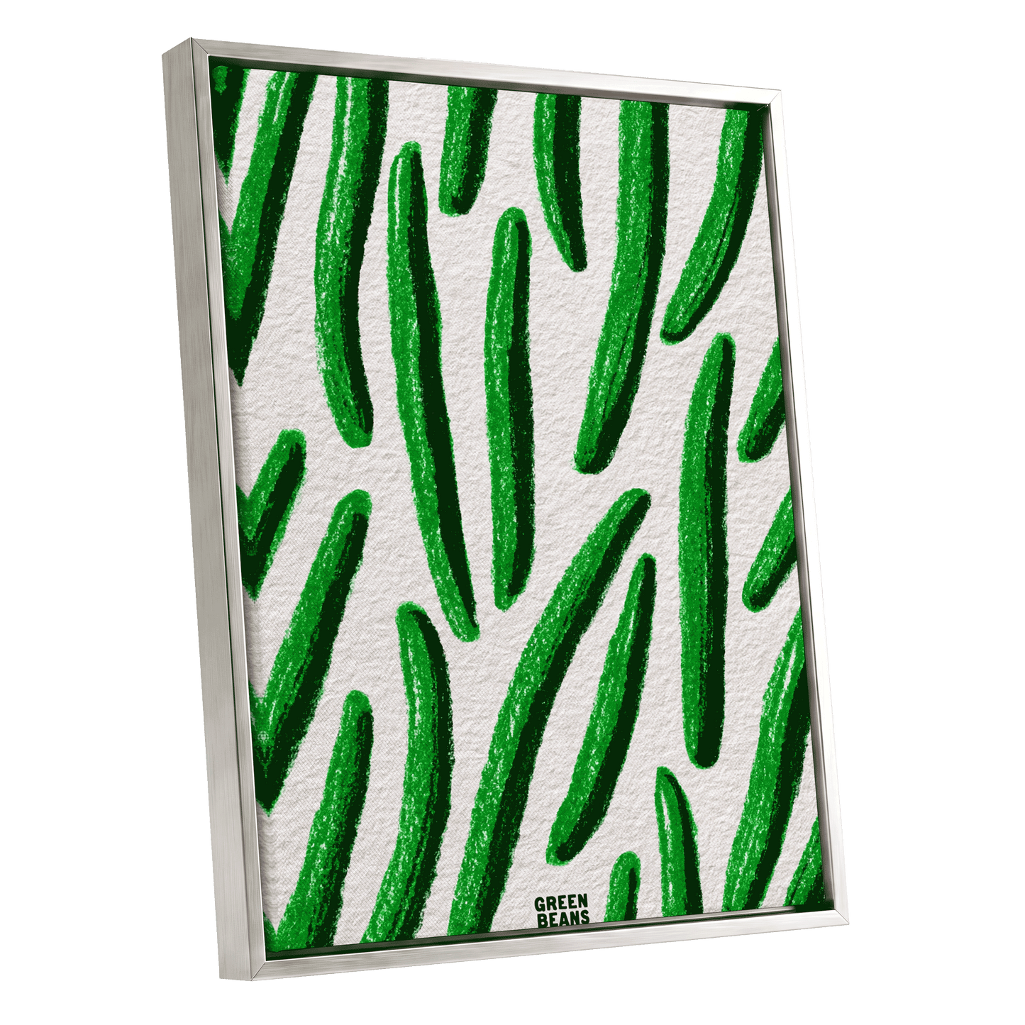 Emerald Bean Rhythm, green, beige, white nature wall art shown as a silver framed canvas wall art