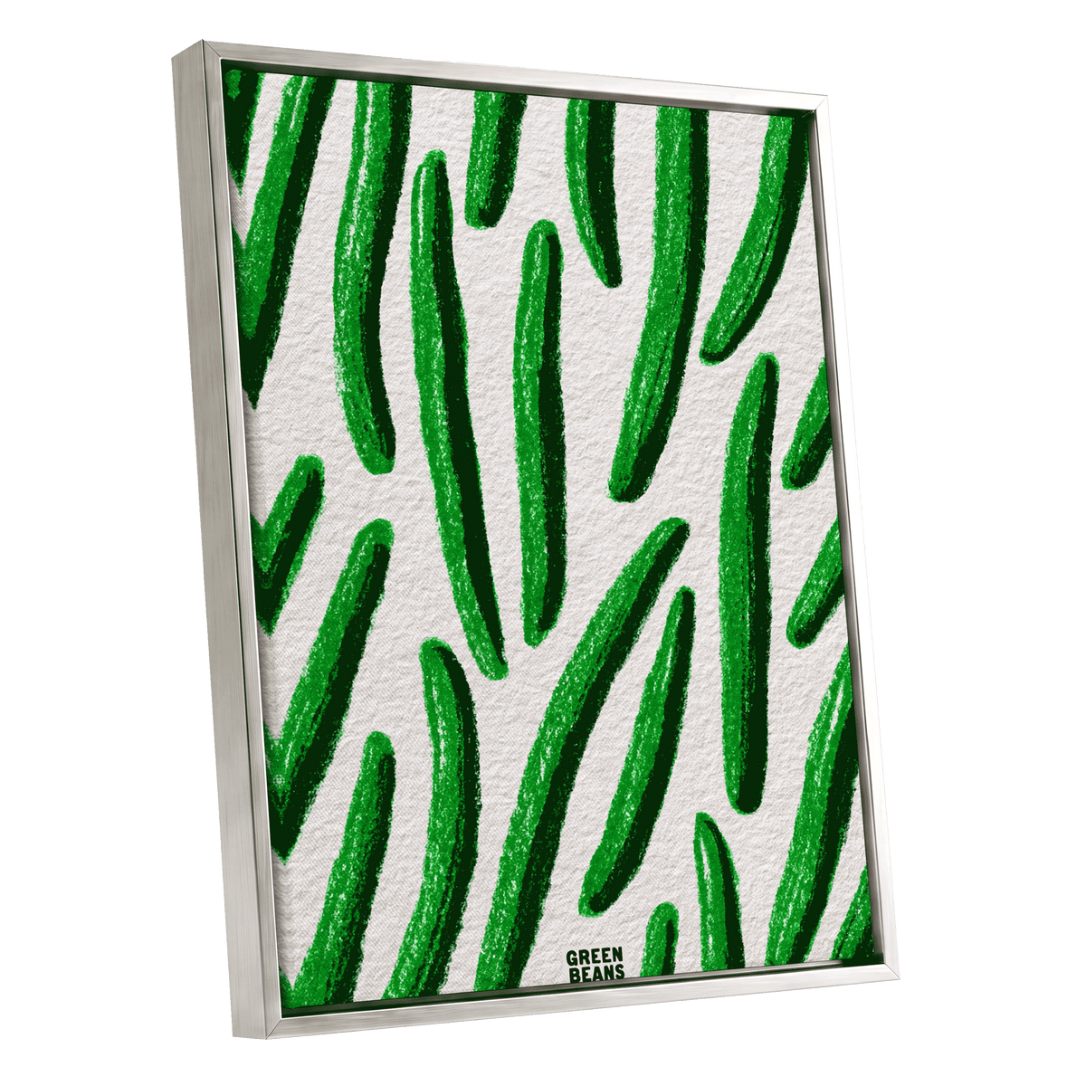 Emerald Bean Rhythm, green, beige, white nature wall art shown as a silver framed canvas wall art