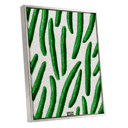 Emerald Bean Rhythm, green, beige, white nature wall art shown as a silver framed canvas wall art