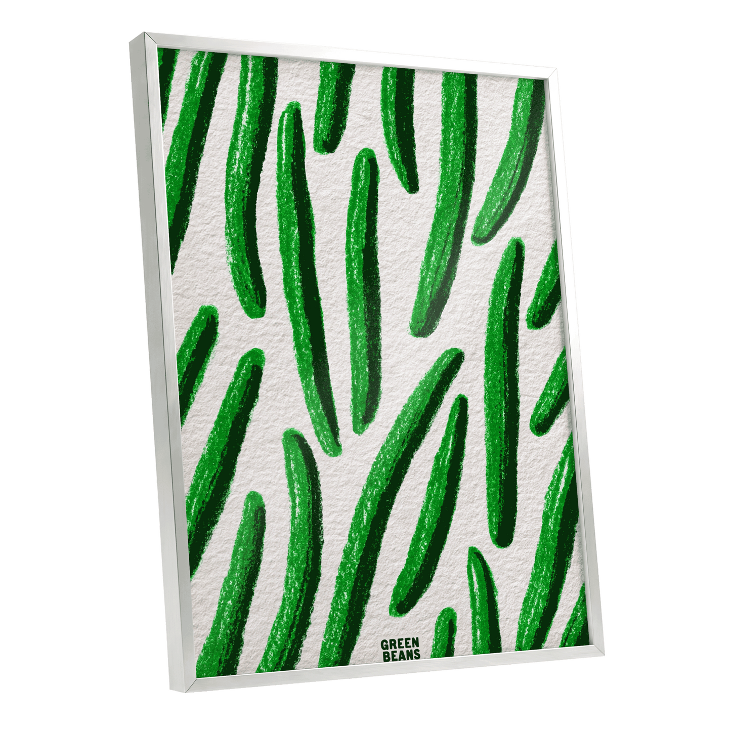 Emerald Bean Rhythm, green, beige, white nature wall art shown as a silver framed poster wall art print