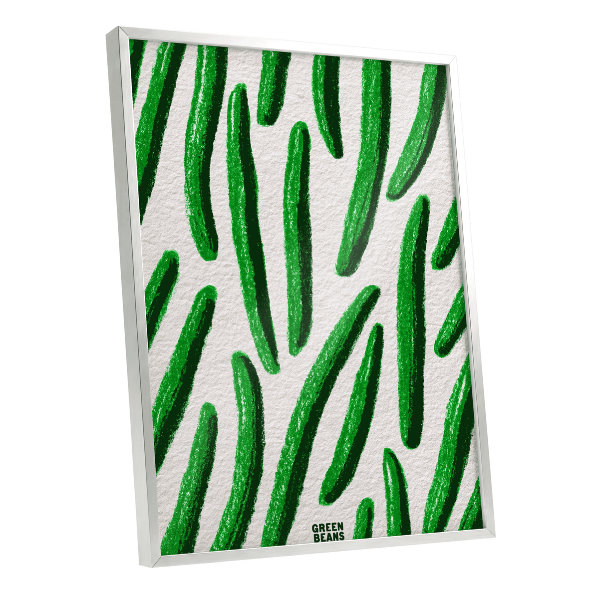Emerald Bean Rhythm, green, beige, white nature wall art shown as a silver framed poster wall art print