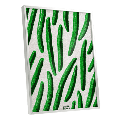 Emerald Bean Rhythm, green, beige, white nature wall art shown as a silver framed poster wall art print
