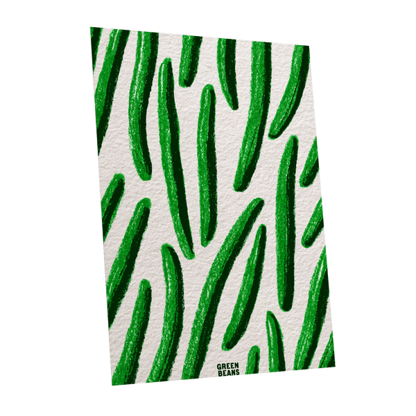 Emerald Bean Rhythm, green, beige, white nature wall art shown as a unframed poster wall art print