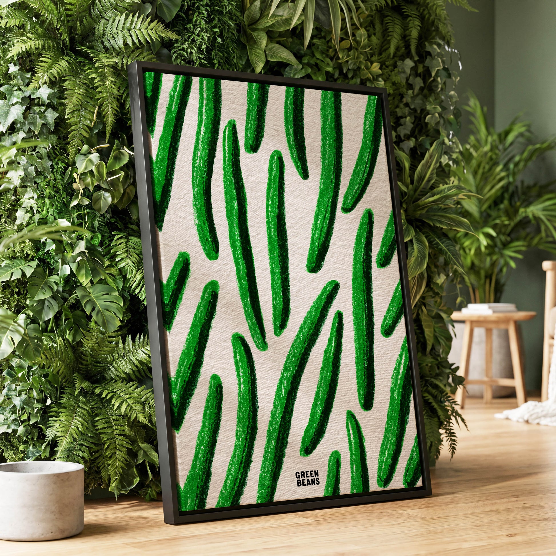 Emerald Bean Rhythm, green, beige, white nature wall art displayed in a styled interior, gallery view 1