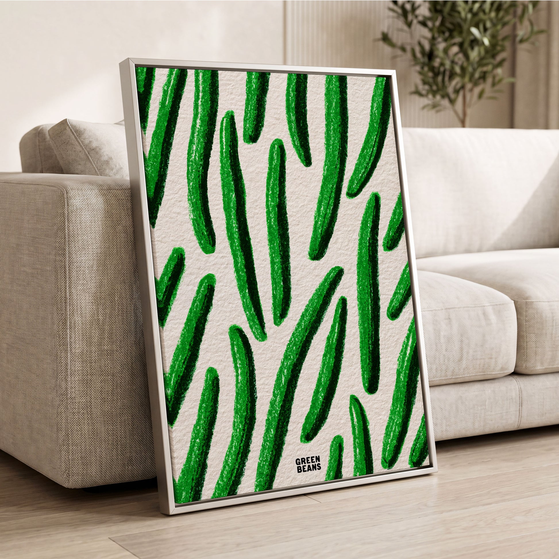 Emerald Bean Rhythm, green, beige, white nature wall art displayed in a styled interior, gallery view 2